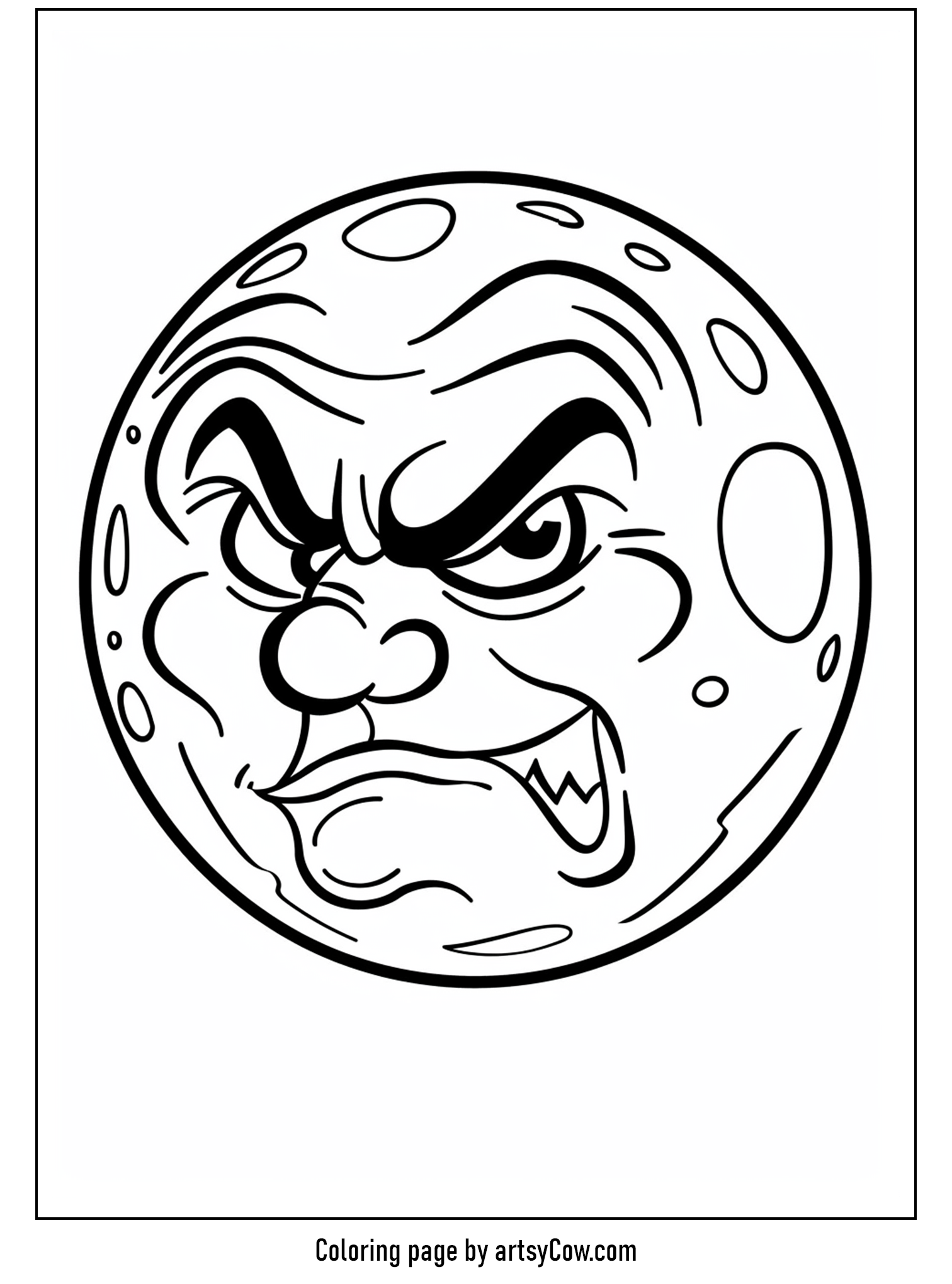 scary halloween coloring pages, depicting a moon with an expressive, spooky face, perfect for coloring.